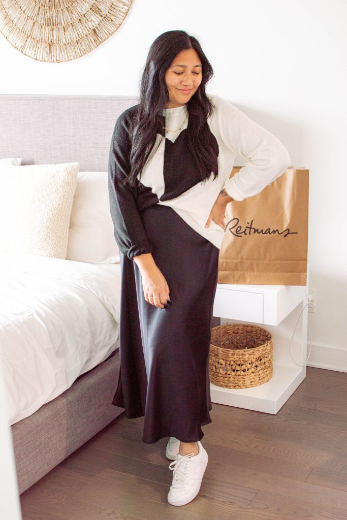 This satin skirt from Reitmans is absolutely gorgeous! It can be dressed up or down, and it is so comfortable - it's the perfect piece for hosting your next holiday party!